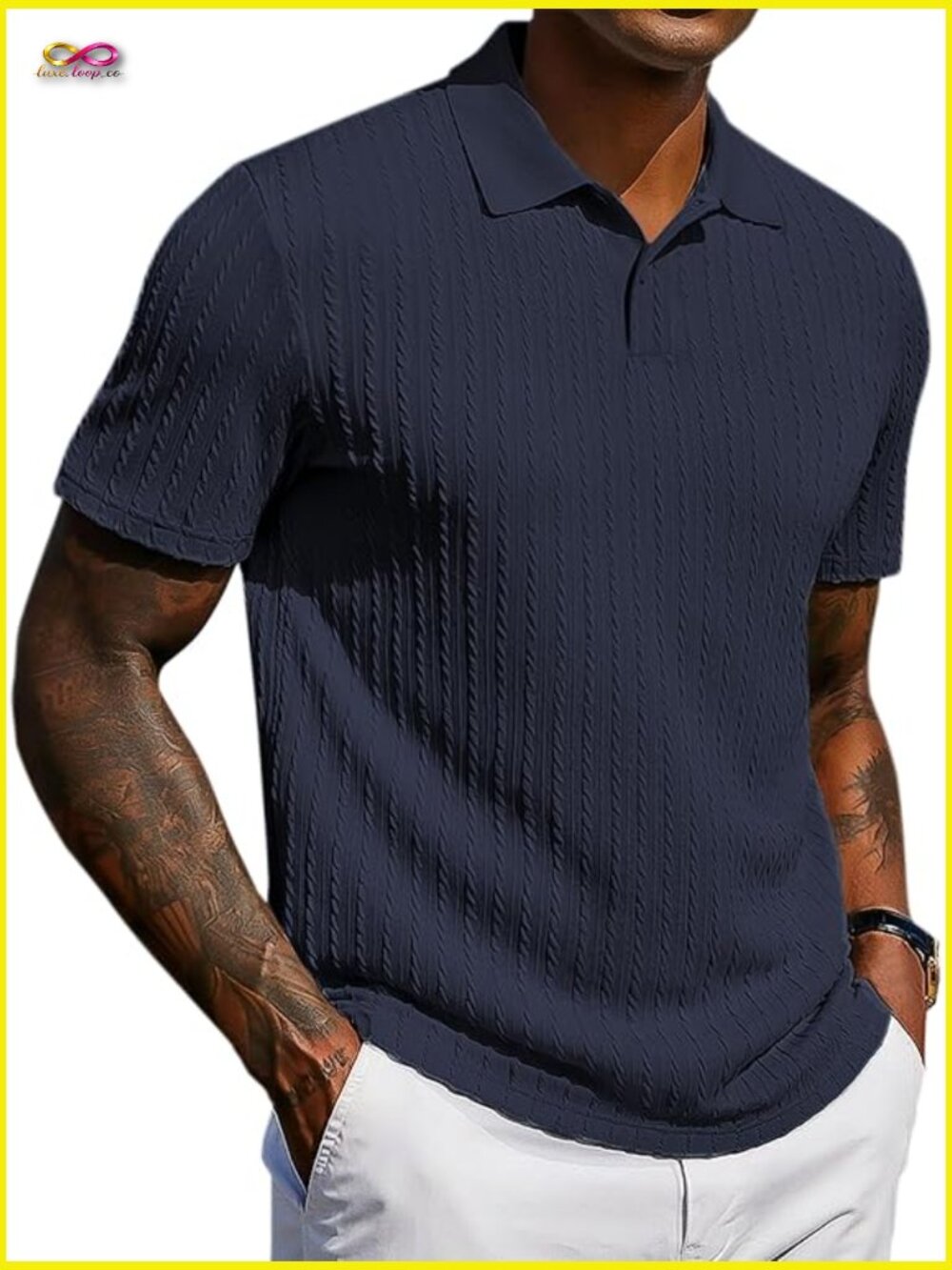 Mens Polo Shirt Casual Short Sleeve Textured Knit Button Golf Summer